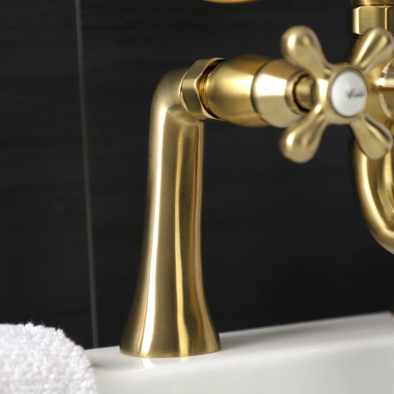 Kingston Brass Kingston Three-Handle 2-Hole Deck Mount Clawfoot Tub Faucet with Handshower, Brushed Brass