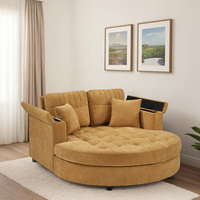 Chaise longue rembourrée incurvée avec accoudoirs de rangement, siège capitonné et coussins amovibles