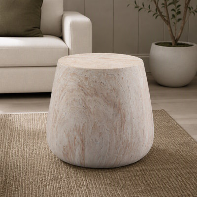 Drum Shaped Accent Coffee Table, MgO Faux Travertine Round Coffee Table, Indoor & Outdoor Decorative Table for Living Room Patio Yard
