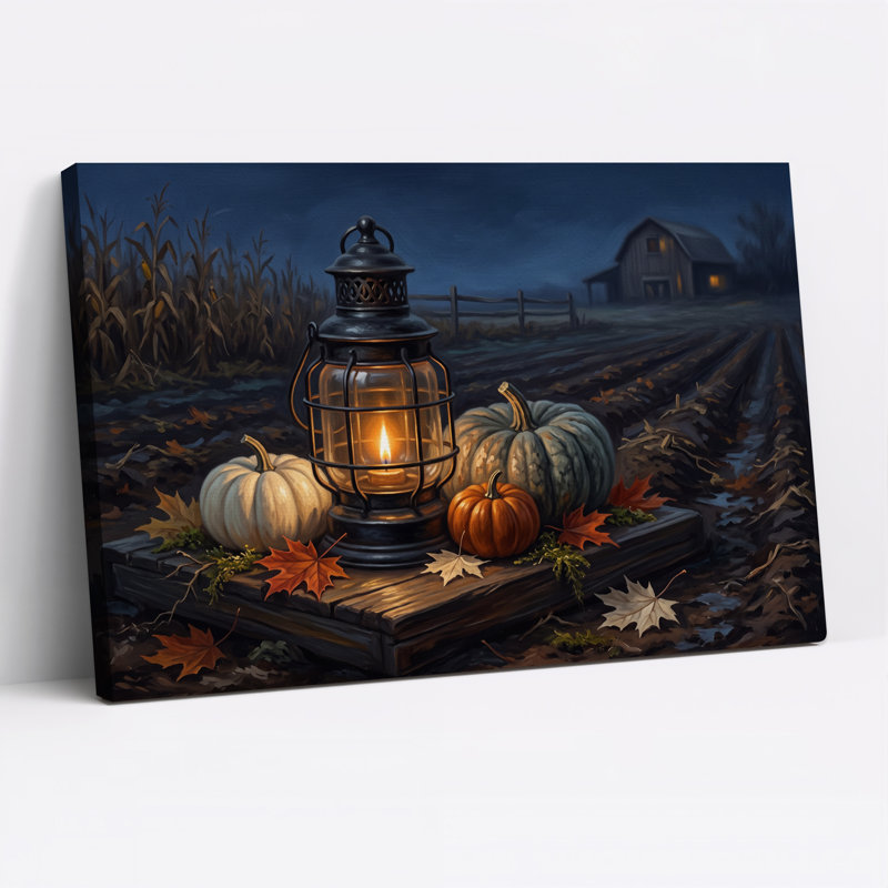 Toile d'Halloween lanterne rougeoyante et citrouilles près d'une grange la nuit, H 20 po x l 30 po