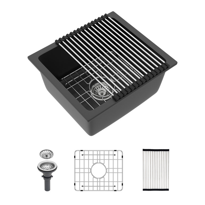 Quartz Kitchen Sink - 17.71"X15.74"X9" Black Granite Composite Undermount Kitchen Sink, Black