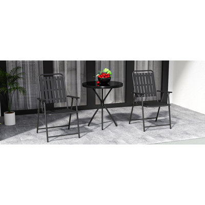 3-Piece Outdoor Patio Furniture Set, Foldable Powder-Coated Metal Chair & Tempered Glass Side Table, Weather-Resistant For Balcony, Garden, Terrace