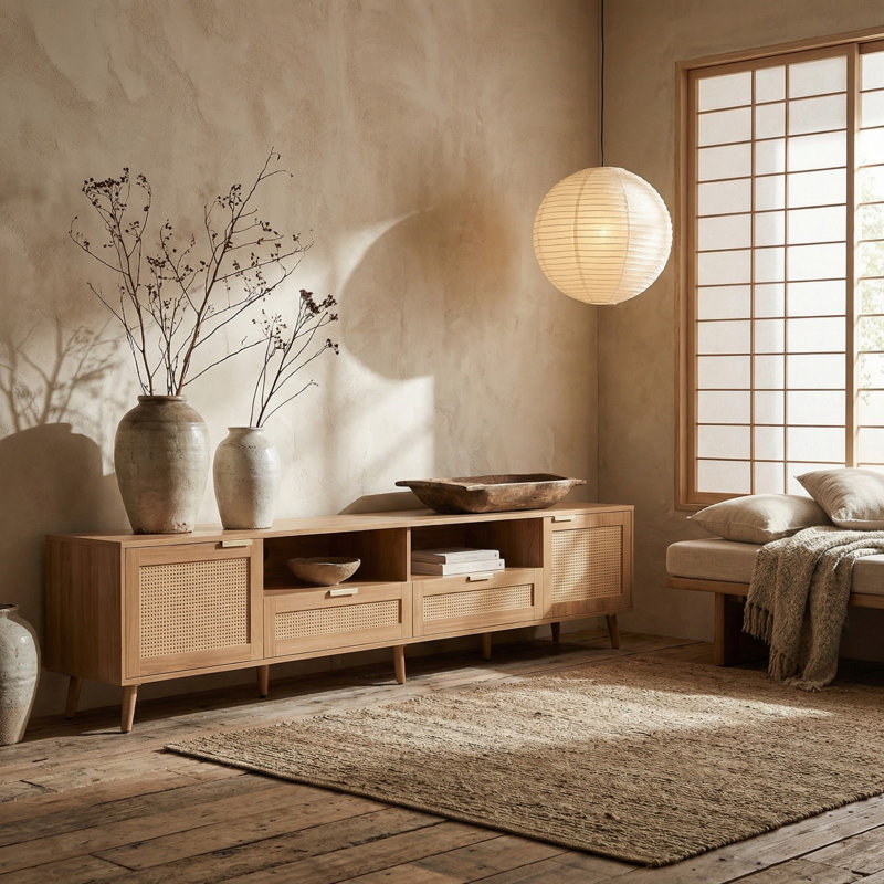 Meuble télé 86,6 po, console multimédia avec pieds en bois massif, 2 armoires de rangement et tablettes ouvertes pour cinéma maison