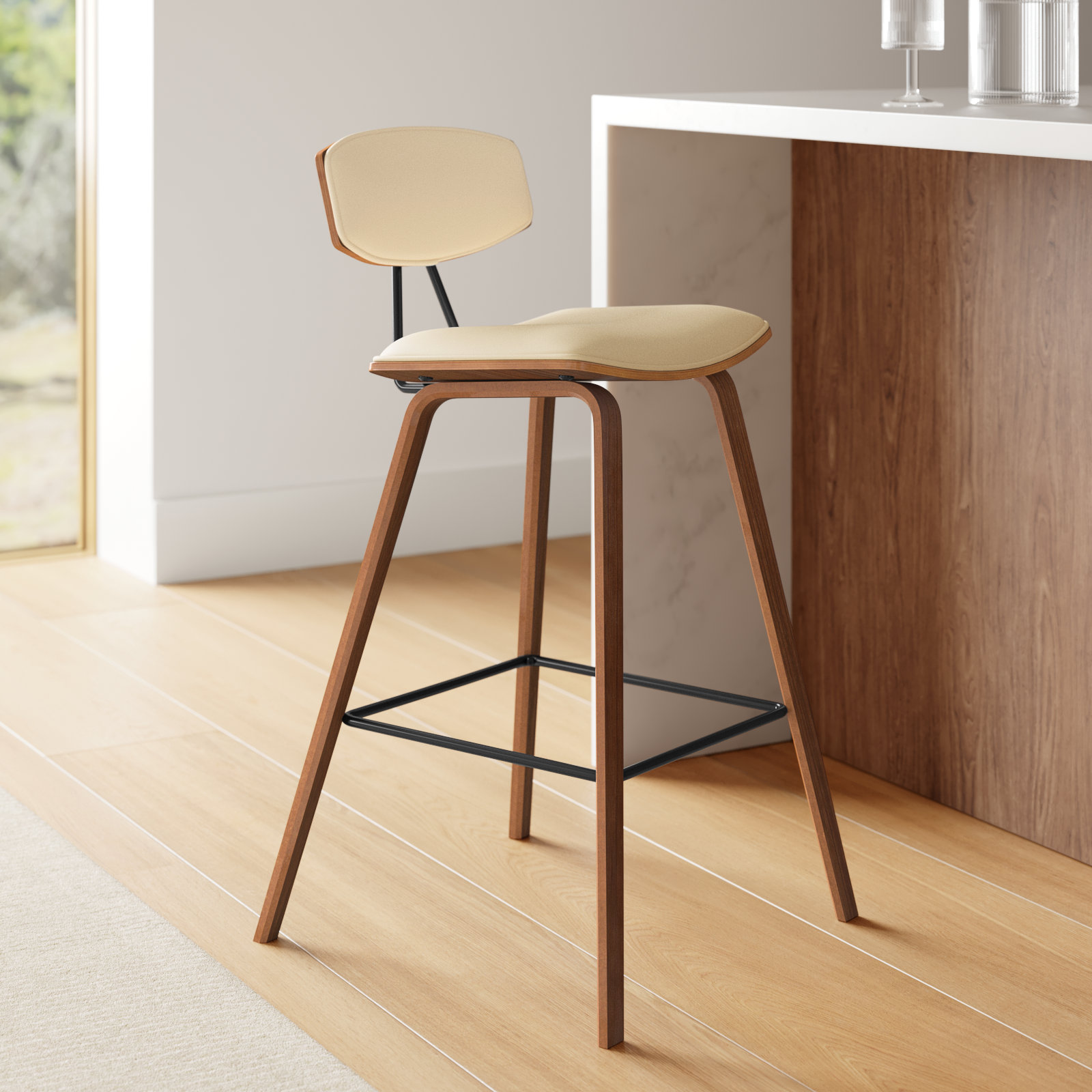 Payton Vegan Leather Bar & Counter Stool, Bar Stool (29" Seat Height), Cream Faux Leather, Walnut