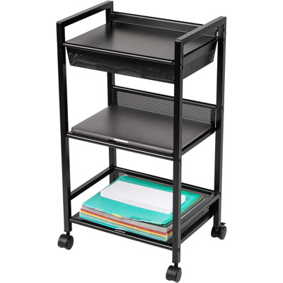 Cart With Covered Compartment, Office Organizer, Storage, 3-Tier, Office, Metal, 15.5" L X 11" W X 28.25" H, Black