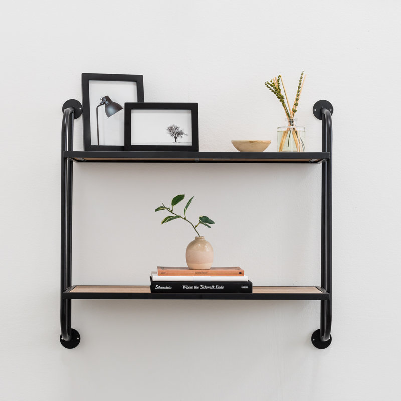 Emery Wood & Metal 2 Tier Wall Shelf, Black, 25" H x 26" W x 8" D