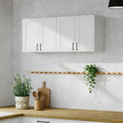 Armoire de rangement murale en bois blanc avec tablette réglable, conception à 4 portes pour la salle de lavage, la cuisine, le garde-manger et l'organisation de la salle de bain