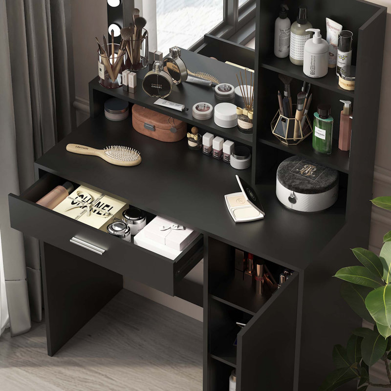 Bureau de coiffeuse Pujari avec miroir et lumière, commode de rangement à trois niveaux avec grand tiroir, 3 modes d'éclairage à luminosité réglable