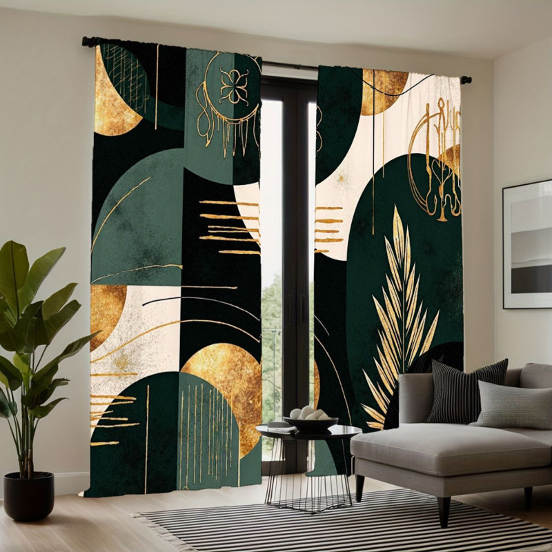 2Pcs Dreamy Abstract Geometric Gold Leaf Curtains, Dark Green White Modern Art Pattern, Rod Pocket Sun Blocking, Chic Boho Style, All-Season For Living Room Bedroom Study Window Decor