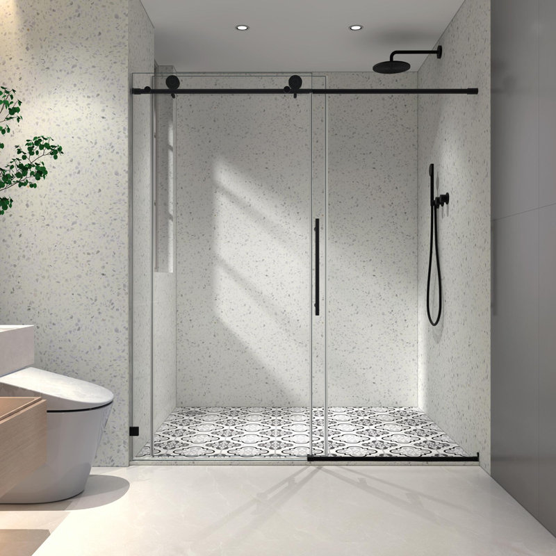 6076 frameless one fixed and one shifted Shower Door, Matte Black