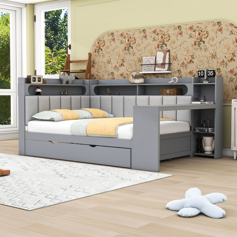 Full Daybed with Twin Trundle, Shelves, LED Lighting, Charging Station and Desk, Gray