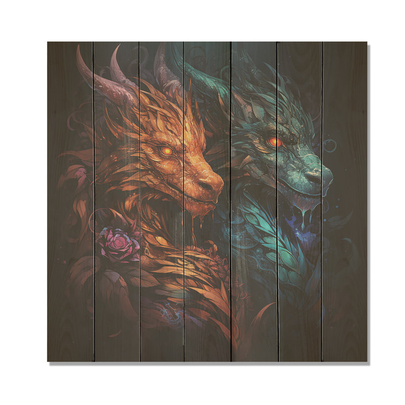 Dragon de feu qui crache du feu I - Dragons sur bois, H 15 po x l 15 po