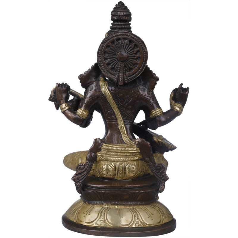 Figurine déesse Saraswati assise sur un lotus, Noir / or