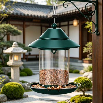 Mangeoire à oiseaux en métal pour le toit, mangeoire à oiseaux suspendue pour l'extérieur avec capacité de graines en tube transparent de 3 lb, mangeoire d'oiseaux sauvages pour la décoration de jardin, attire les cardinaux et les pinsons
