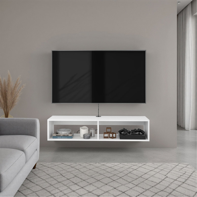 Meuble télé arctique blanc avec tablettes ouvertes pour rangement, design moderne, blanc