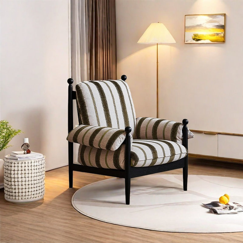 Chaise en coton et lin avec structure en bois de frêne importé, Mélange de polyester blanc / vert