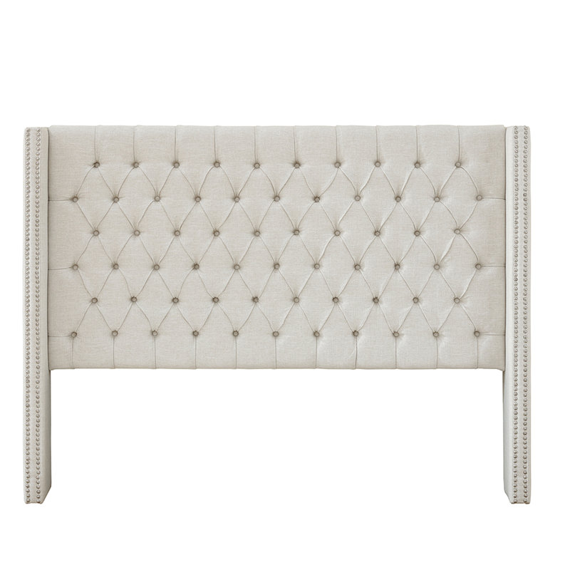 Tête de lit tapissier crème, style transitionnel avec capitonnage à boutons et garniture cloutée double, pieds réglables en métal de taille grand