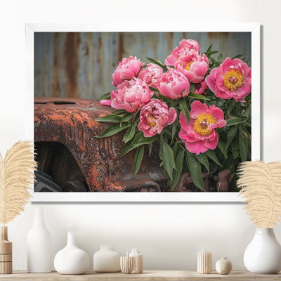 Pivoines par le vieux tracteur III - pivoines, art mural