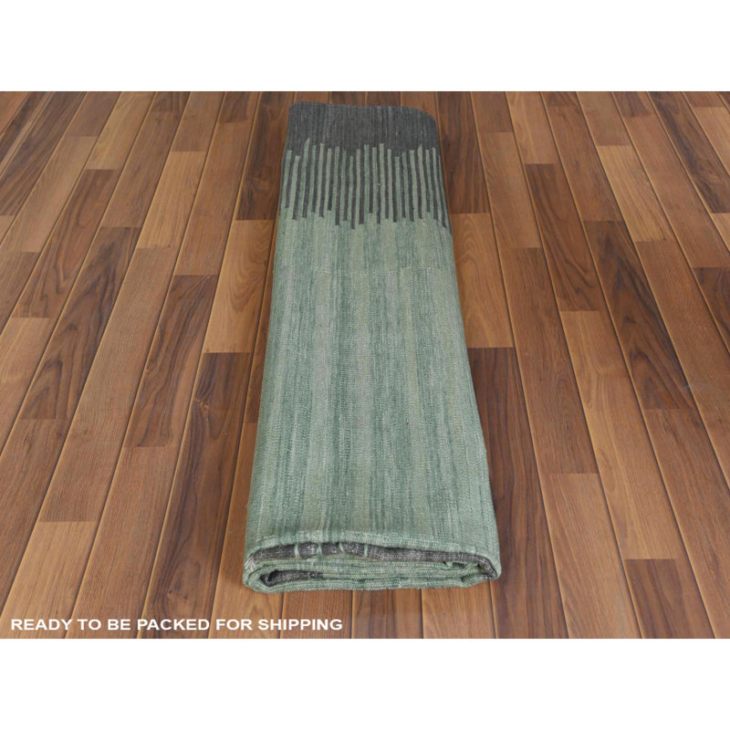 Tapis vert / noir en laine noué à la main de conception unique 8 pi 2 po x 10 pi 1 po New Age