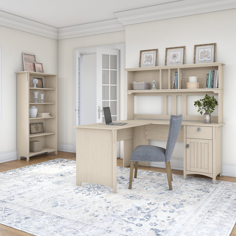Crédence en L avec rehausse Khadesha, Blanc antique