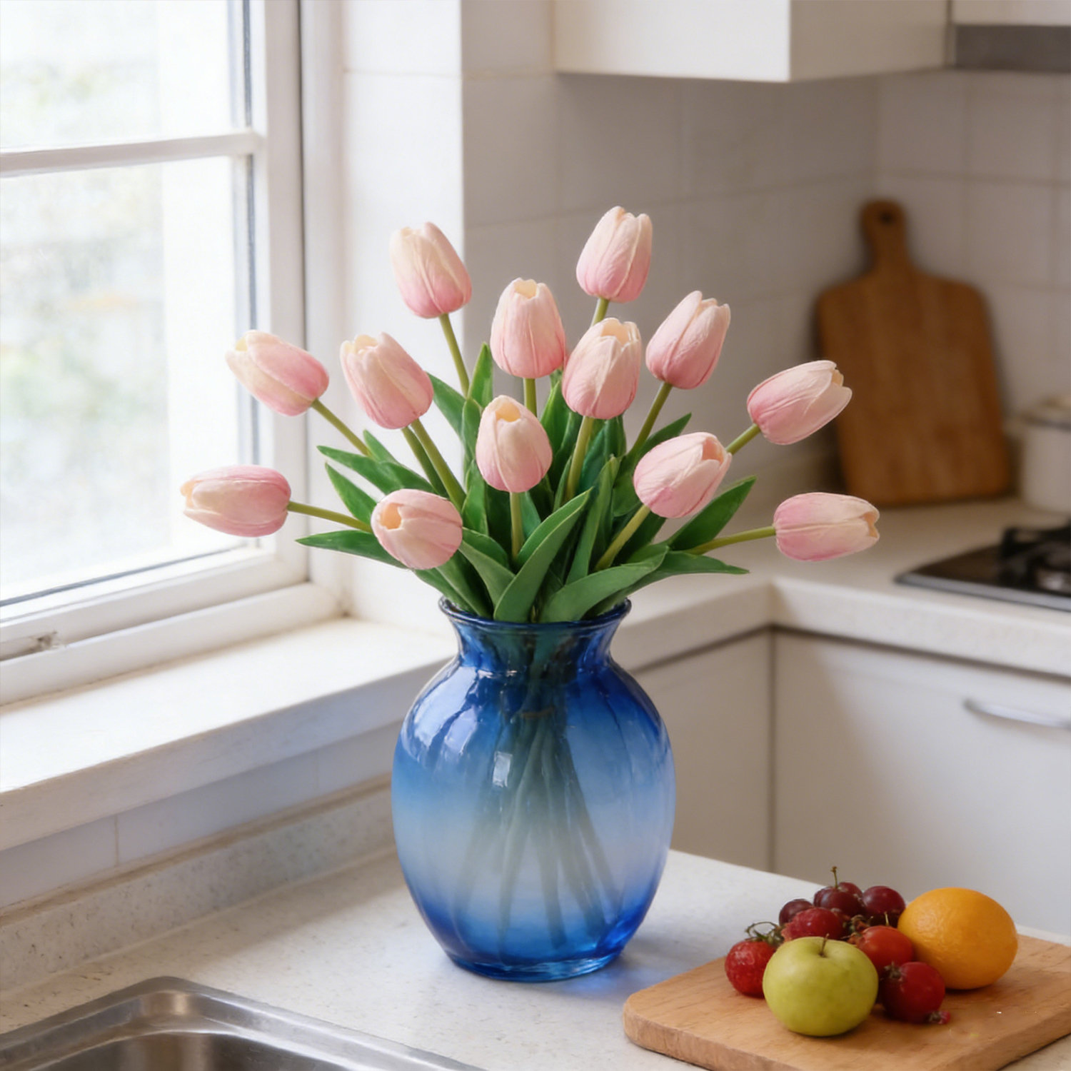 20PCS Tulips Artificial Flowers Faux Silk Tulip Stems Fake Flowers Bouquets for Vase Wedding Home Decoration, Light Pink