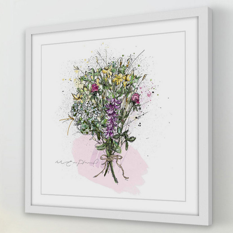 « bouquet avec cordon », reproduction de peinture à l’aquarelle encadrée, H 24 po x l 24 po x P 1,5 po
