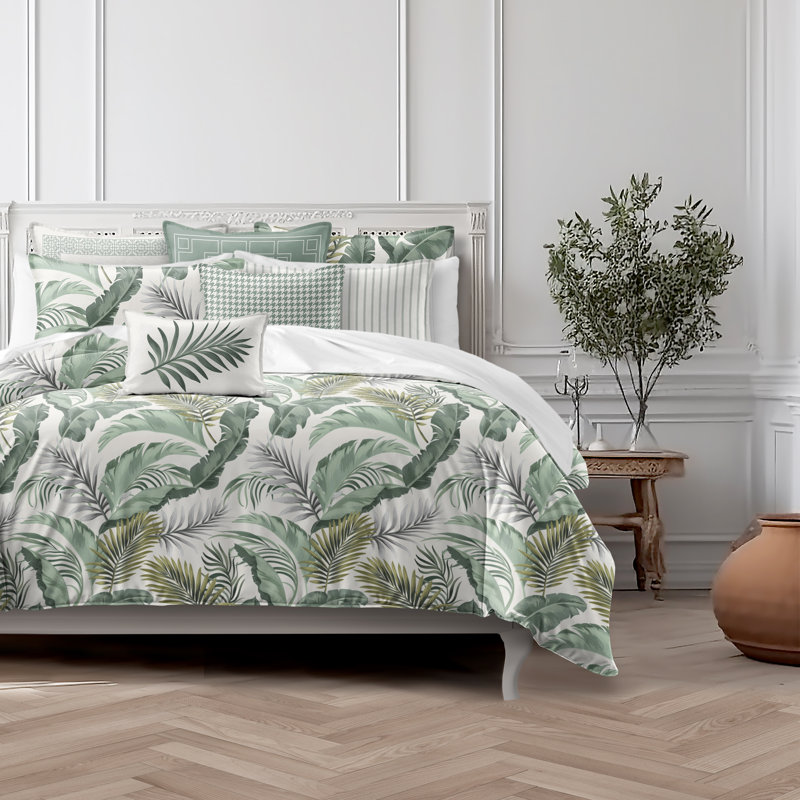 Tropical Palms White/Green Standard Cotton Coverlet / Bedspread, Super Queen Coverlet + 2 Queen Shams