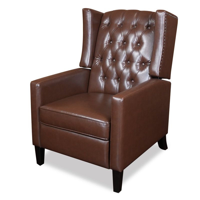 Brown Faux Leather Tufted Recliner with Wood Legs