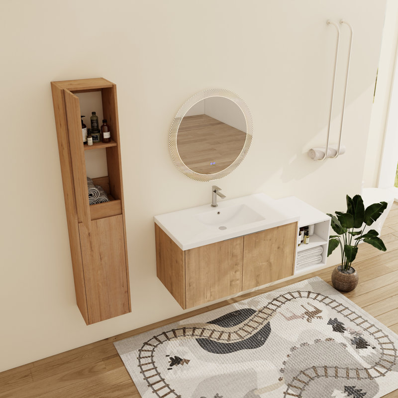 Meuble-lavabo mural simple 48 po avec comptoir en résine et armoires latérales Eskar, 48"