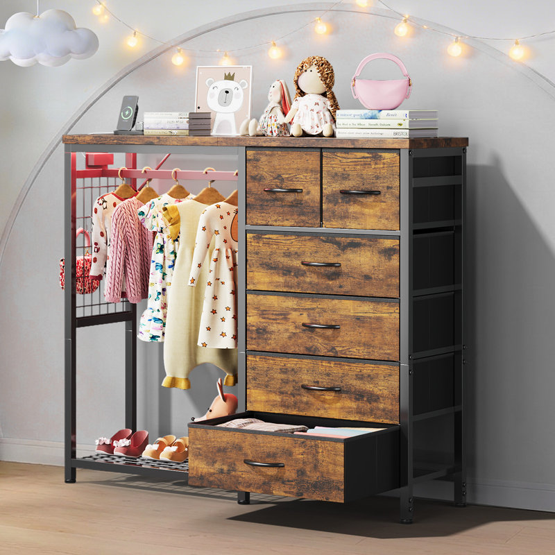 Armoire 6 tiroirs en tissu avec tringle, Brown