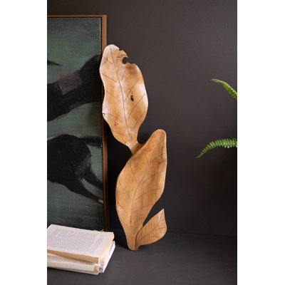  Leaf Sculpture Tabletop 4" H Teakwood Brown Hand Carved Organic Accent Set of 2