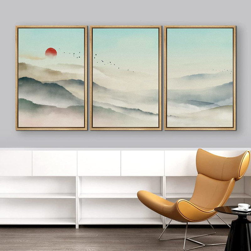 «Abstract Landscape Mountain Range Misty Valley», peinture sur toile flottante 3 pièces, H 36 po x l 72 po, Cadre noir