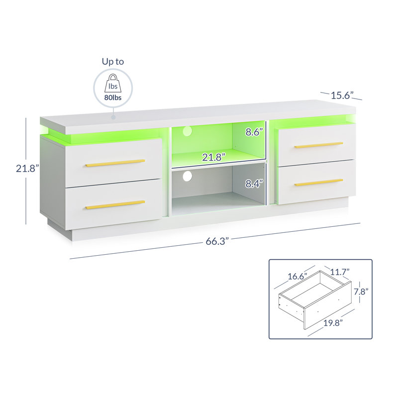 66" TV Stand for TVs Up to 75", Entertainment Center with Music Sync LED Lights, Media Console Table Storage Cabinet, White