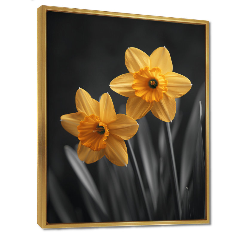 «Yellow Grey Garden Glamour Daffodils» - impression d'art mural jonquilles, H 12 po x l 20 po, Cadre flottant doré
