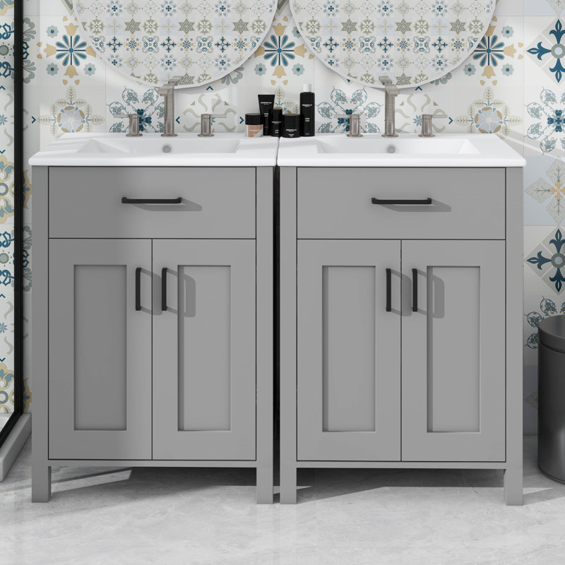 Ensemble de meuble-lavabo de salle de bain contemporain 48 po avec lavabo et meuble-lavabo en céramique, Gris, Noir