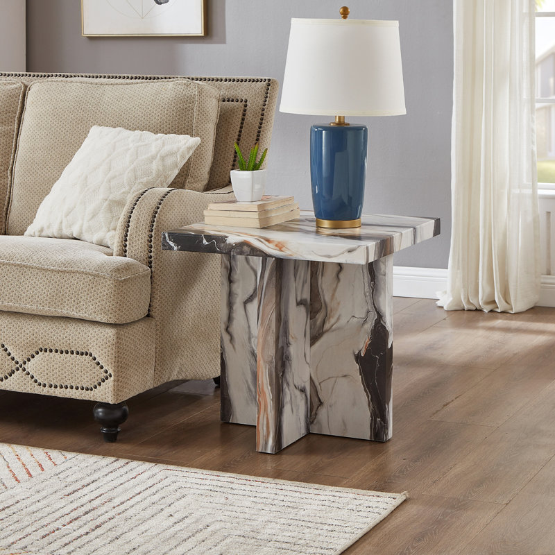 Roundhill Furniture Cavira Modern Faux Marble Living Room End Table, Square, Off-White, Off-white