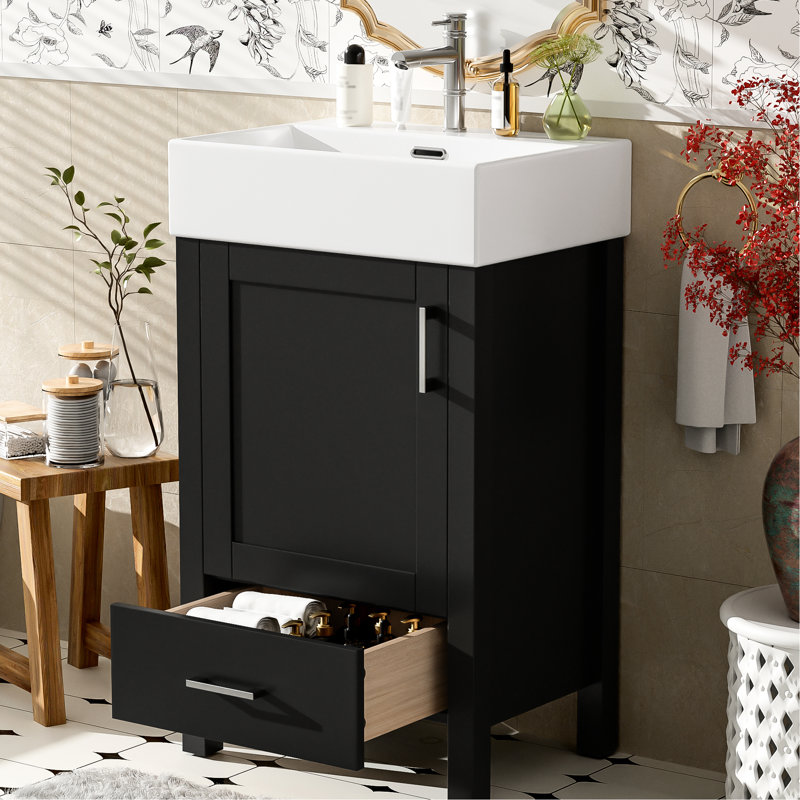 Meuble-lavabo noir moderne de 20,89 po avec lavabo en céramique, structure en bois massif, rangement organisé et conception à dossier ouvert
