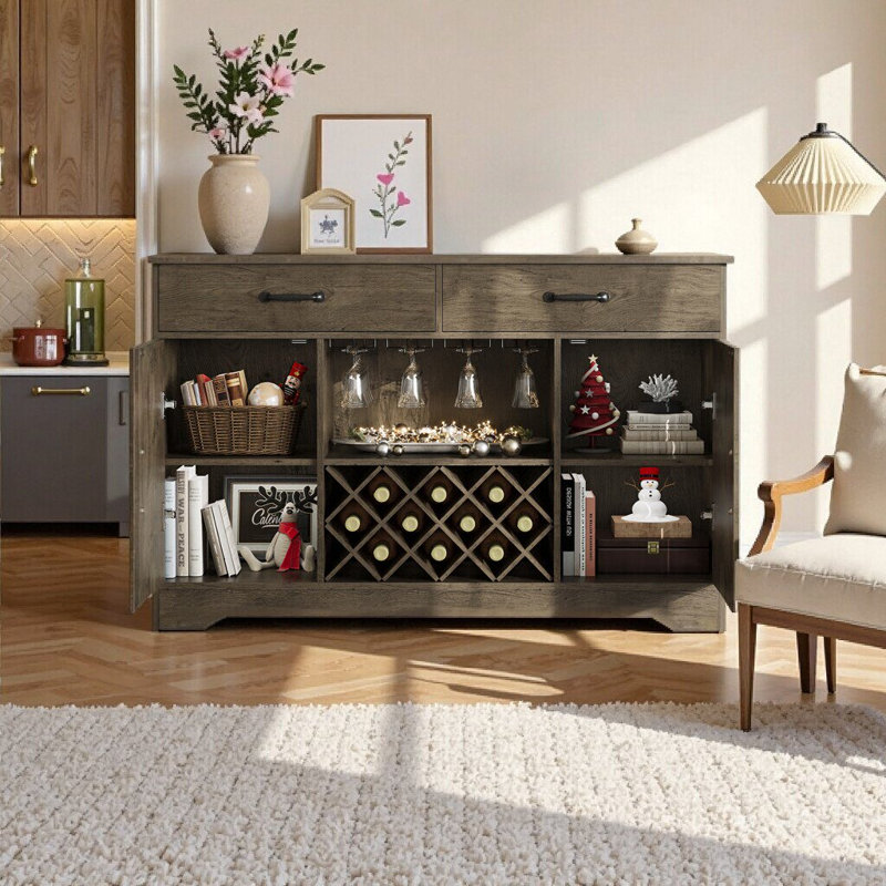 Armoire-bar rustique de style campagnard avec porte-bouteilles, tiroirs de rangement et porte-verres - Buffet gris chêne pour la cuisine et la salle à manger