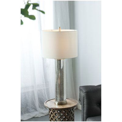 16x16x35" Gold Mirrored Glass Table Lamp with White Fabric Shade