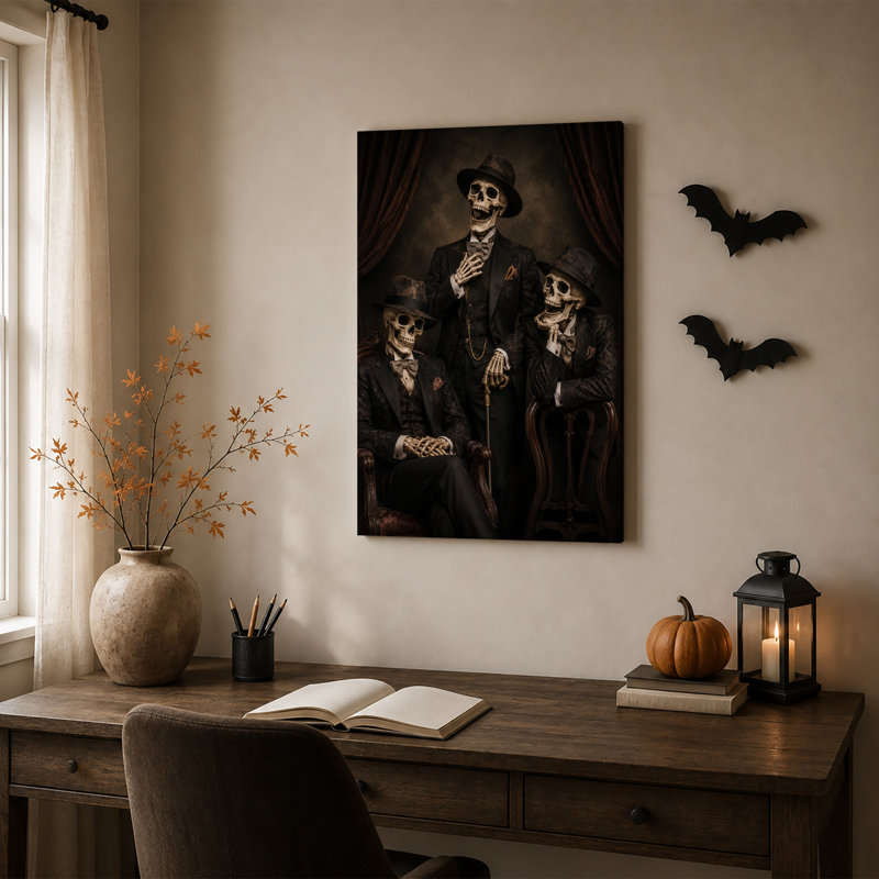 «Three Skeleton Gentlemen in Formal Suits and Halloween», art mural sur toile, H 18 po x l 12 po