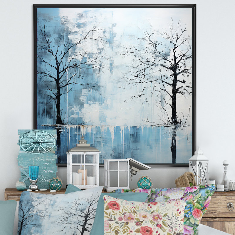 Minimalisme, charme d'arbre bleu sur toile, Cadre flottant noir, H 30 po x l 30 po x P 1 po