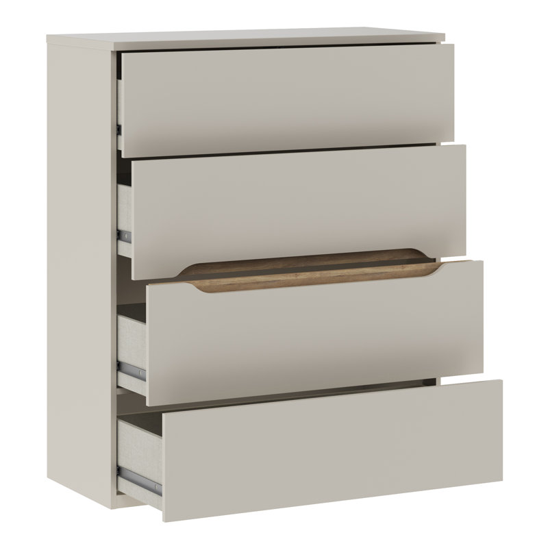 Tambry Modern minimalistic chest of drawers with 4 drawers, integrated wood-effect handles, engineered wood, beige & warm oak decor, 95.1 cm W x 114.7 cm H x 41.5 cm D