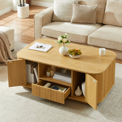 Table basse ovale de luxe moderne de 46,5 po avec tiroirs et rangement, conception courbée, finition naturelle, pour le salon et le bureau | Idée cadeau