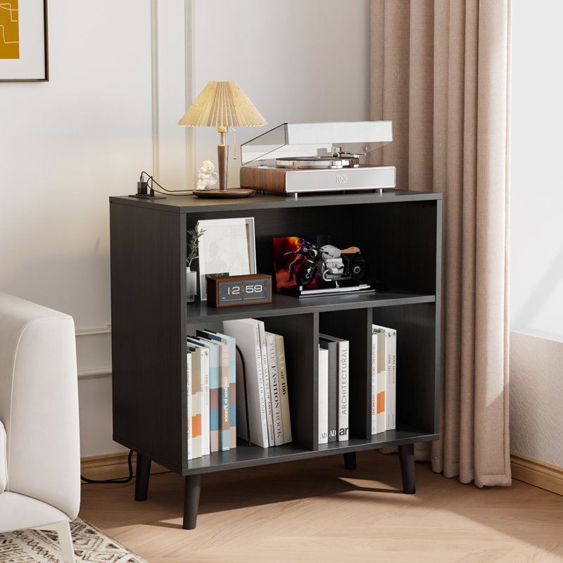 Mathea Record Player Stand with Open Storage with LED Light up to 300 Albums, Black