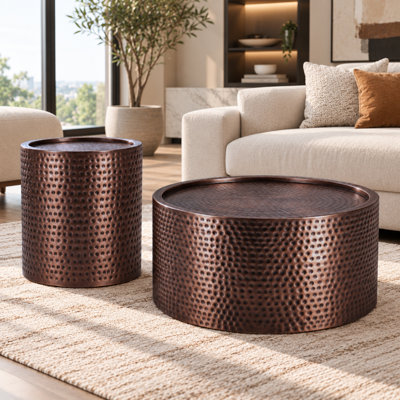 Round Coffee Table and End Table Set with Copper Finish, Hammered Metal 