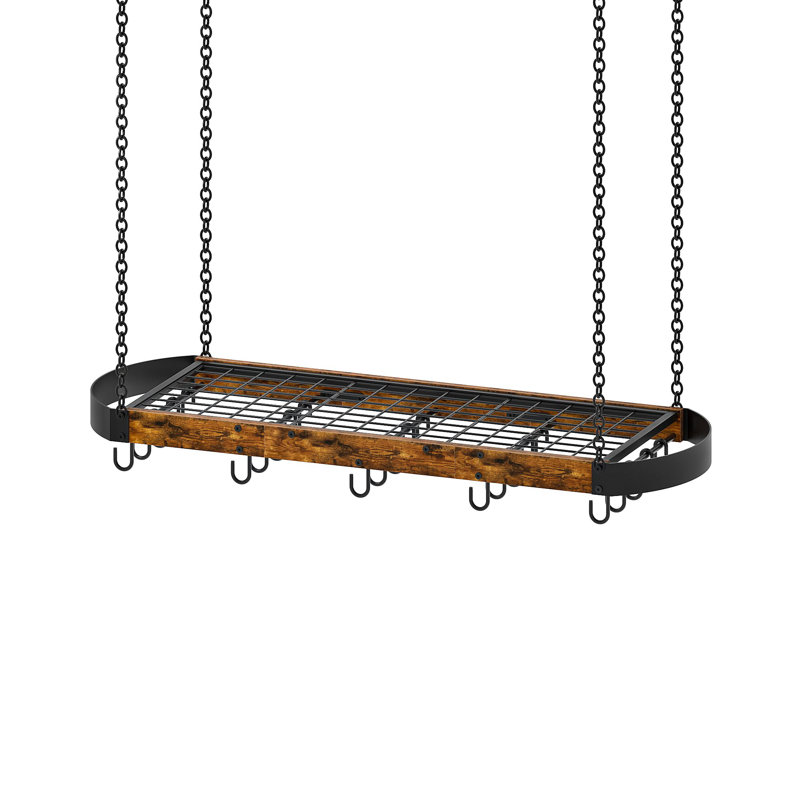 Support à casseroles pour la cuisine peu encombrant, support pour casserole de plafond avec 16 crochets en S amovibles, brun rustique et noir