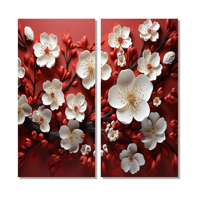 Branches de fleurs d'orchidées blanches et rouges I - mauve, impressions sur toile traditionnelles 2 pièces, Wrapped Canvas