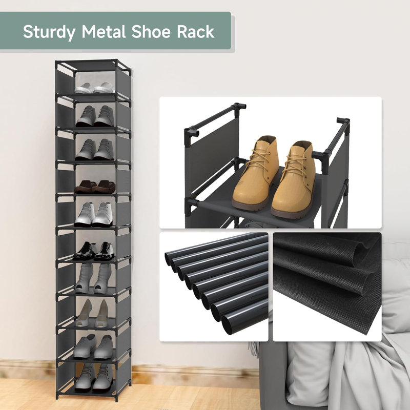 10-tier Vertical Shoe Rack Narrow Tall Metal Organizer