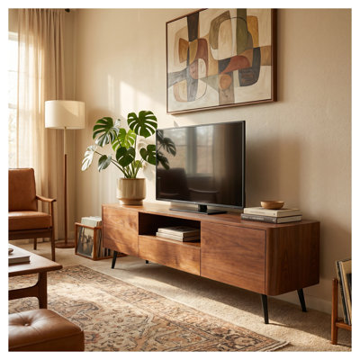 Meuble télé 70,8 po en noyer pour téléviseur de 85 po ou moins, console média en MDF avec portes à fermeture en douceur, gestion des câbles et pieds en fer