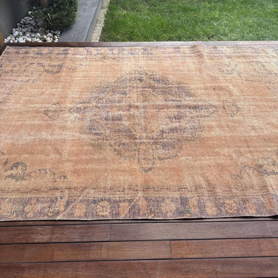 Grand tapis turc Oushak avec motif en médaillon pour le salon en brun - style salon tribal rétro